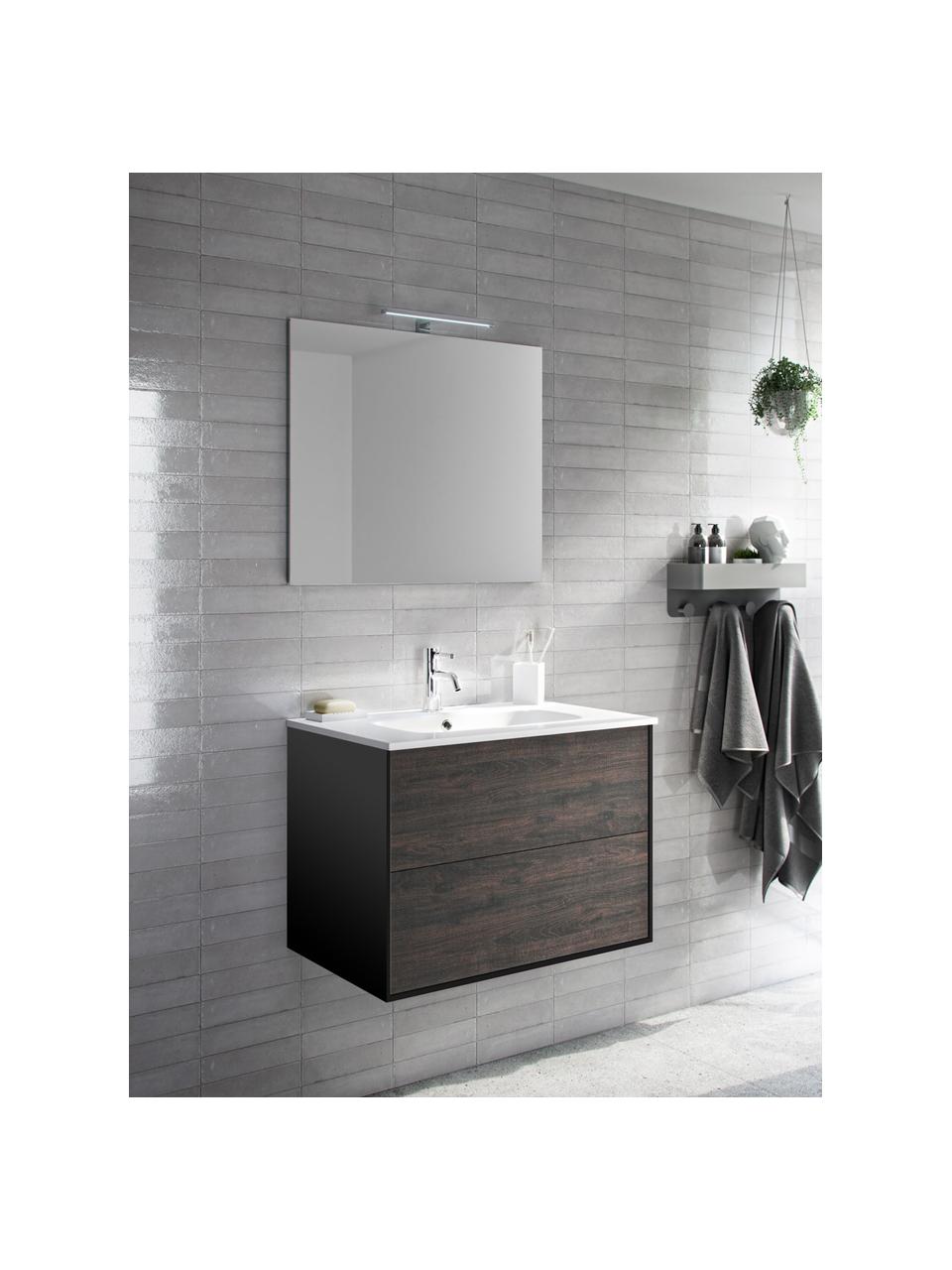 Set lavabo Ago 4 pz, Superficie dello specchio: vetro a specchio, Nero effetto legno di frassino, Larg. 61 x Alt. 190 cm