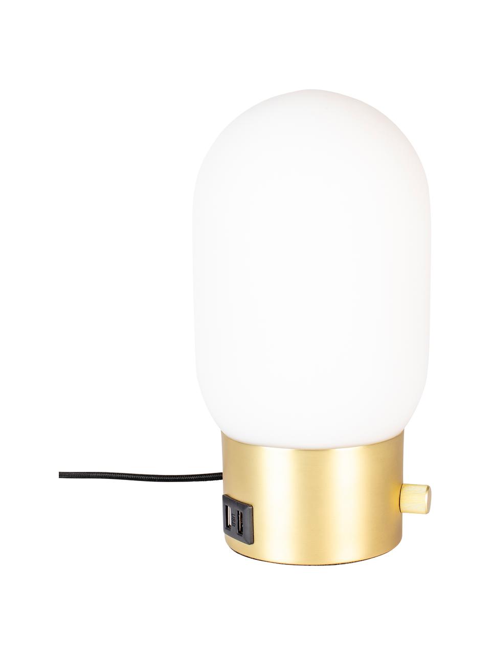 Kleine Dimmbare Nachttischlampe Urban mit USB-Anschluss, Lampenschirm: Opalglas, Goldfarben, Opalweiss, Ø 13 x H 25 cm