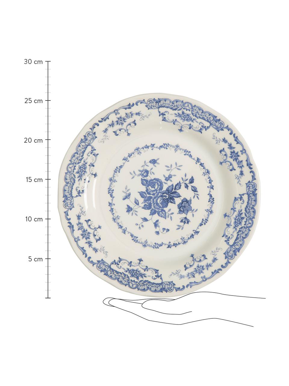 Dinerborden Rose met bloemmotief in wit/blauw, 2 stuks, Keramiek, Wit, blauw, Ø 26 x H 2 cm