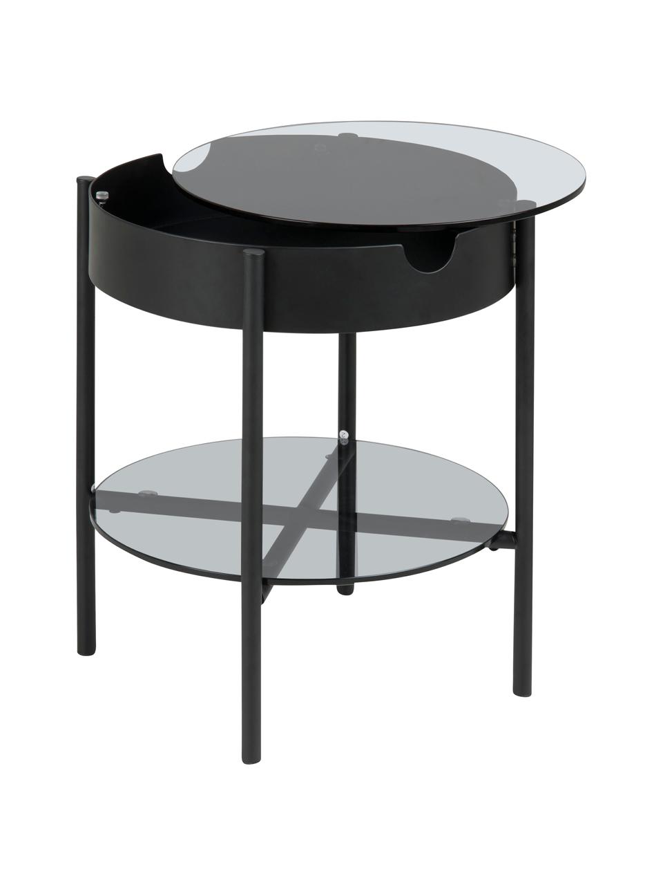 Skleněný odkládací stolek s úložným prostorem Tipton, Tvrzené sklo, kov, Černá, Ø 45 cm, V 50 cm