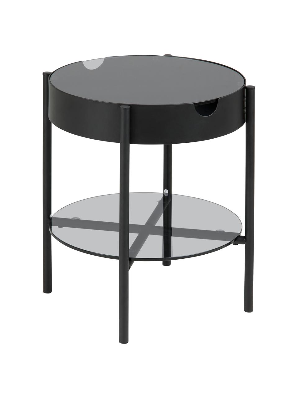 Pomocný stolík zo skla s úložným priestorom Tipton, Tvrdené sklo, kov, Čierna, Ø 45 x V 50 cm