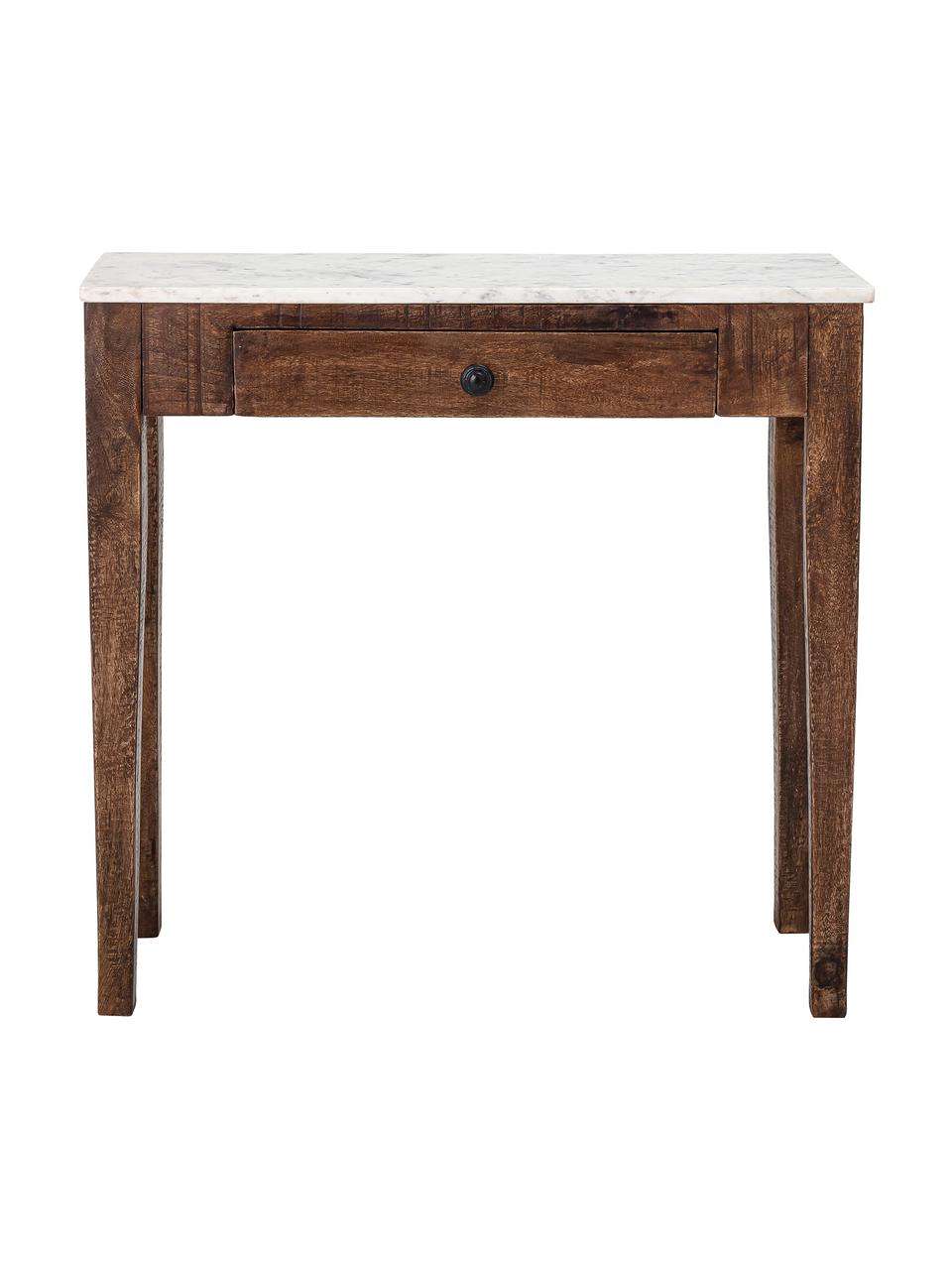 Konsole Hauge aus Mangoholz mit Marmor-Tischplatte, Tischplatte: Marmor Marmor ist ein Nat, Gestell: Mangoholz, Mangoholz, Weiß, marmoriert, B 79 x H 76 cm