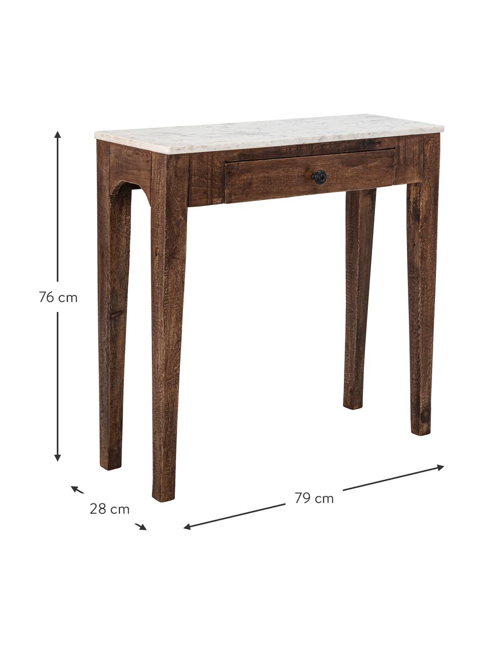 Konsola z drewna mangowego z marmurowym blatem Hauge, Blat: marmur Marmur jest materi, Stelaż: drewno mangowe, Drewno mangowe, biały, marmurowy, S 79 x W 76 cm