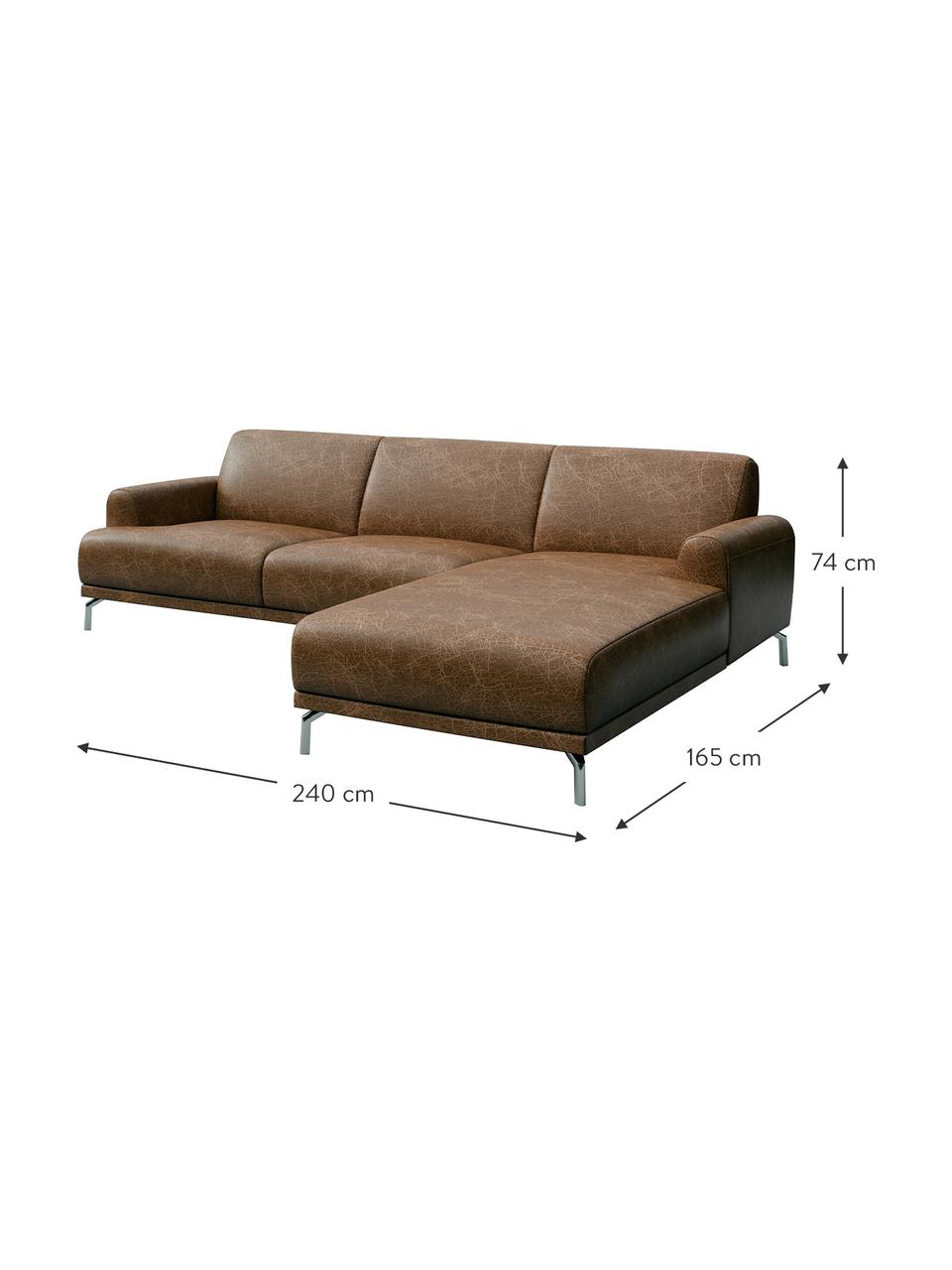 Sofa narożna ze skóry Puzo, Tapicerka: 100% skóra, Nogi: metal lakierowany, Brązowy z wykończeniem vintage, S 240 x G 165 cm