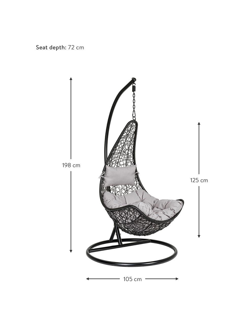 Hangstoel Amirantes met kussen in zwart/grijs, Frame: gepoedercoat staal, Zwart, grijs, B 80 x D 72 cm