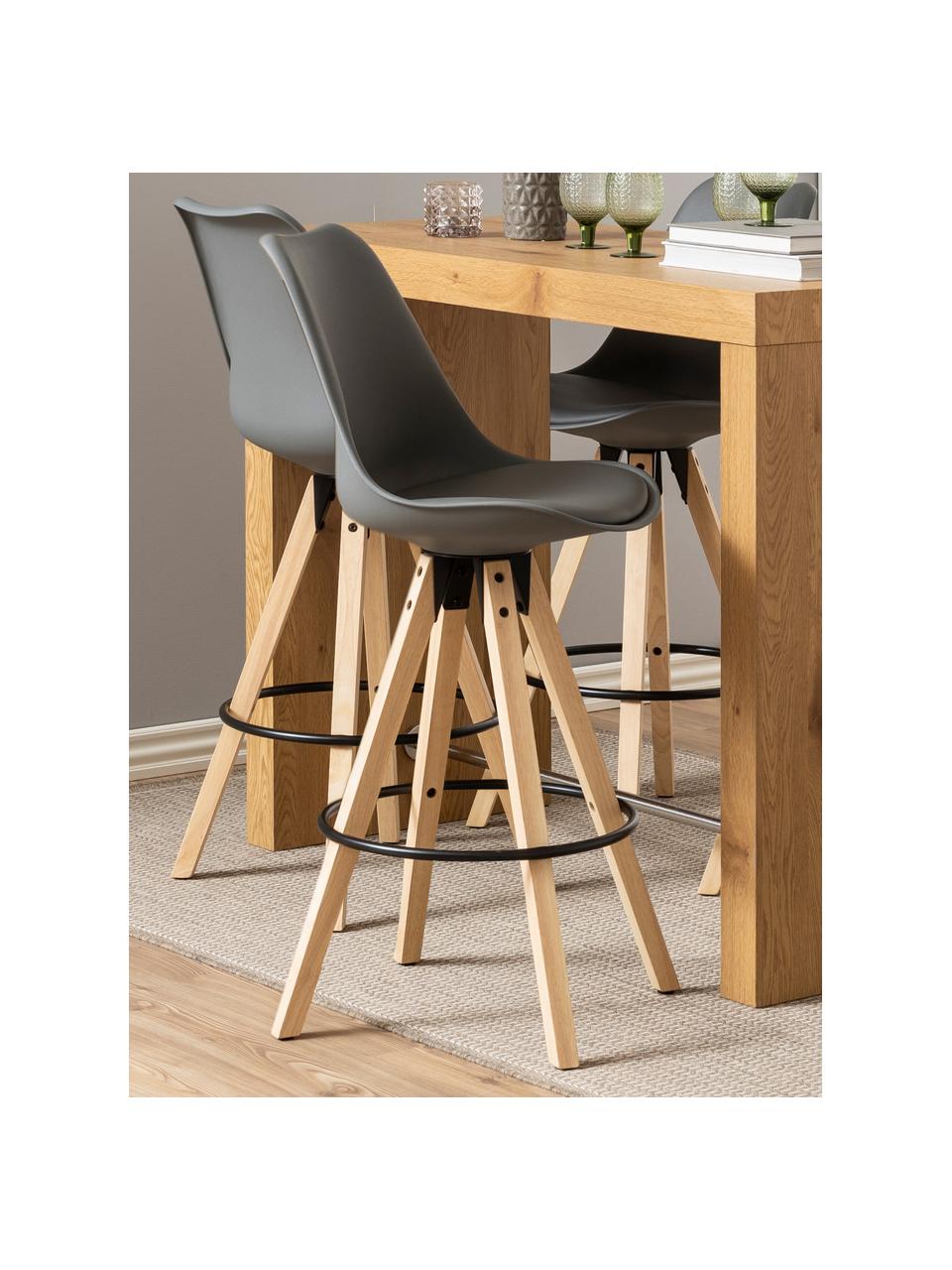 Sedia da bar grigia Dima 2 pz, Rivestimento: poliestere, Gambe: legno di albero della gom, Sedile: grigio Gambe:  legno di albero della gomma Poggiapiedi: nero, Larg. 49 x Alt. 112 cm