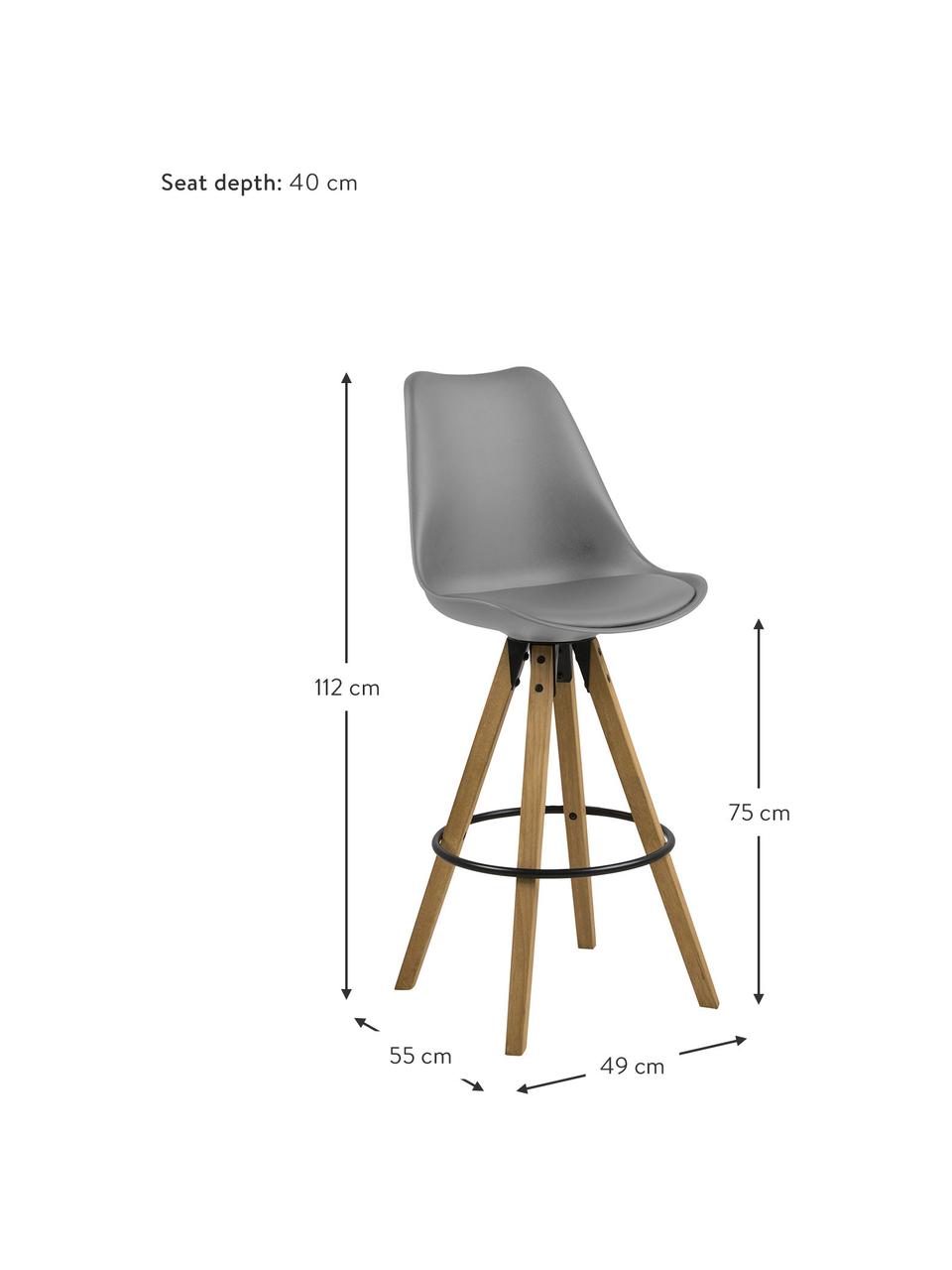 Barstoelen Dima, 2 stuks, Zitvlak: polyurethaan, Bekleding: polyester, Poten: geolied rubberhout, Zitvlak: grijs. Poten: rubberhoutkleurig. Voetsteun: zwart, 49 x 112 cm