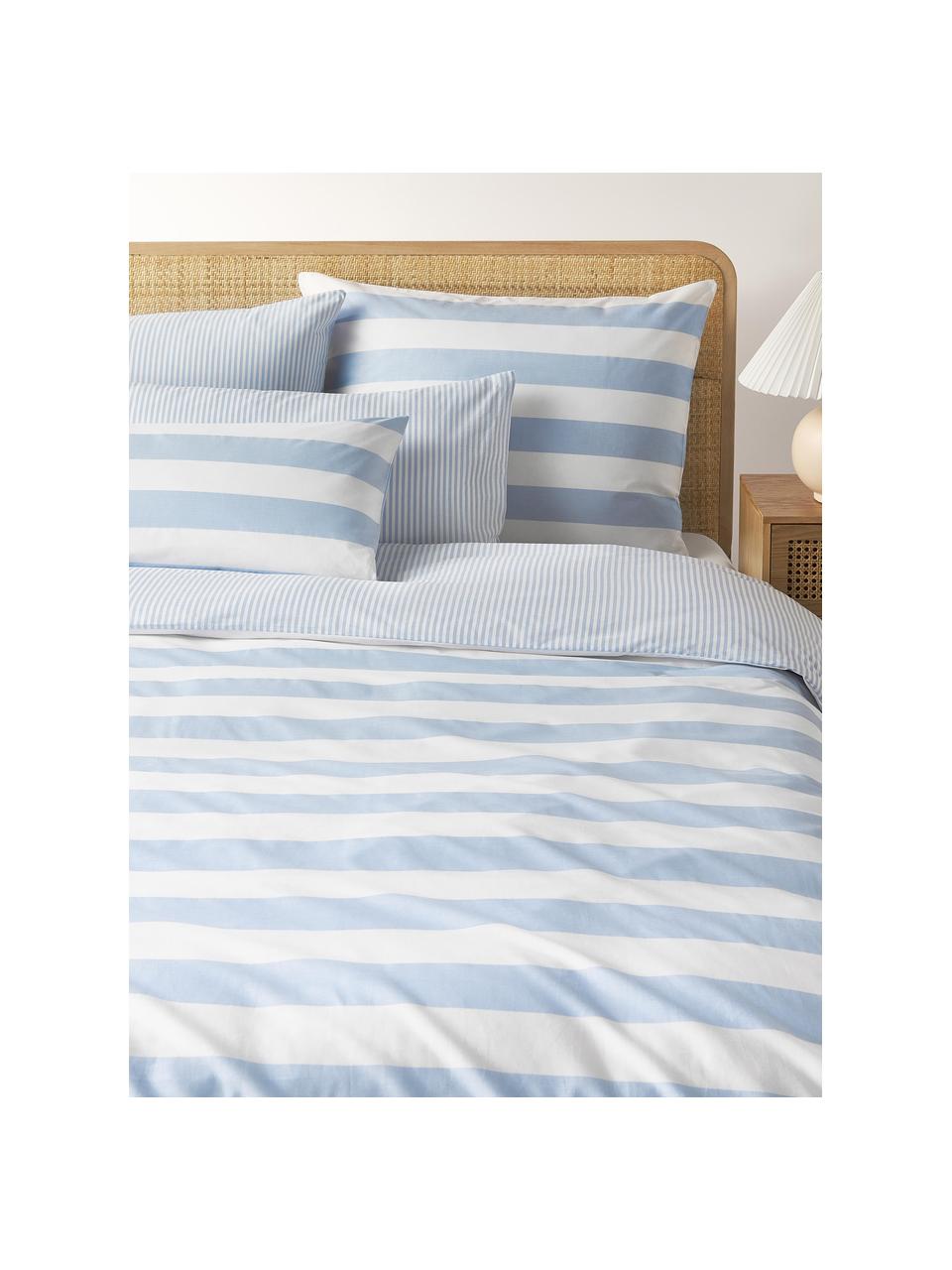 Funda de almohada doble cara de algodón a rayas Lorena, Azul claro, blanco, An 45 x L 110 cm