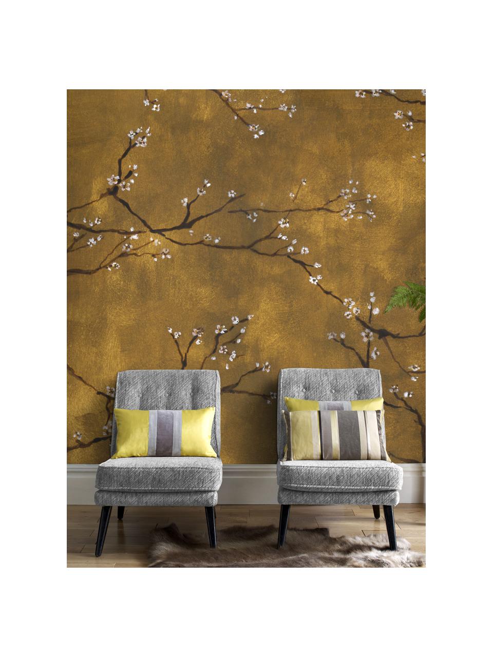 Carta da parati Chinese Spring, Tessuto non tessuto, Giallo- e brunastro, bianco, nero, Larg. 300 x Alt. 280 cm