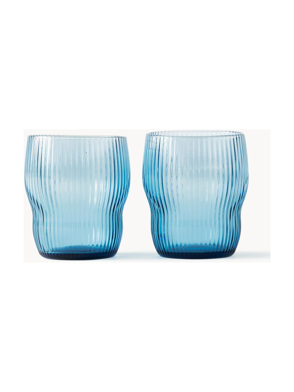 Bicchieri in vetro soffiato con struttura millerighe Pum 2 pz, Vetro soffiato, Azzurro, Ø 8 x Alt. 9 cm, 200 ml