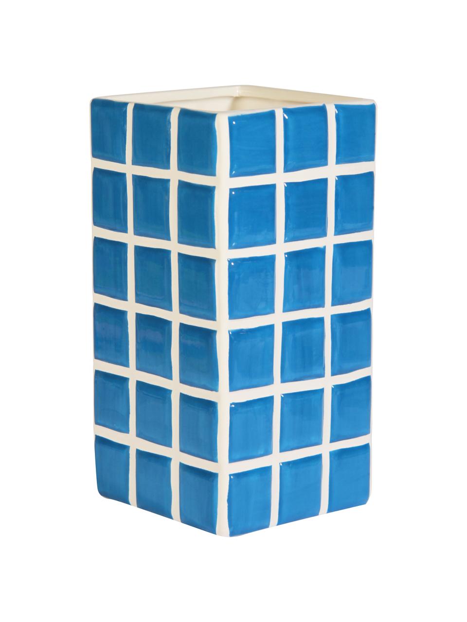 Vaas Tile van dolomietsteen met tegellook in lichtblauw, Dolomietensteen, Lichtblauw, wit, B 11 x H 21 cm