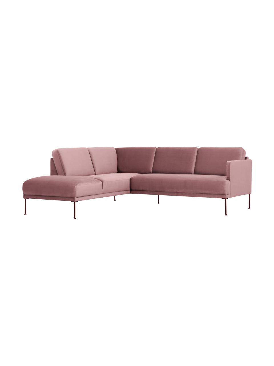 Canapé d'angle en velours et pieds en métal Fluente, Velours rose, larg. 221 x prof. 200 cm, méridienne à gauche