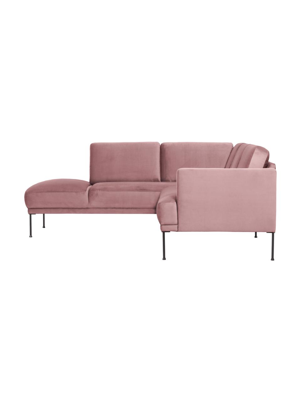 Canapé d'angle en velours et pieds en métal Fluente, Velours rose, larg. 221 x prof. 200 cm, méridienne à gauche