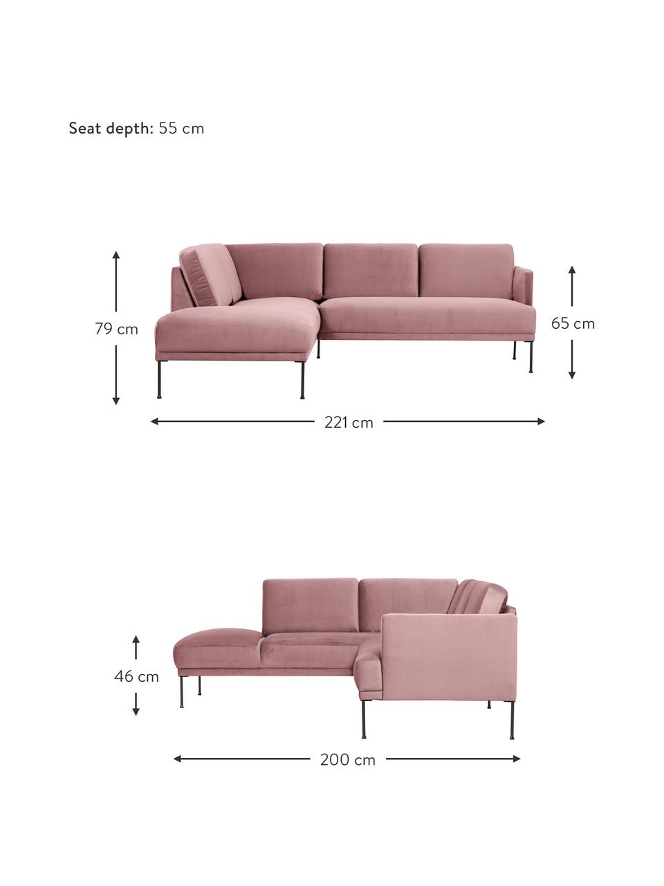Divano angolare in velluto con piedini in metallo Fluente, Rivestimento: velluto (copertura in pol, Struttura: legno di pino massiccio, , Piedini: metallo verniciato a polv, Velluto rosa, Larg. 221 x Prof. 200 cm, chaise longue a sinistra