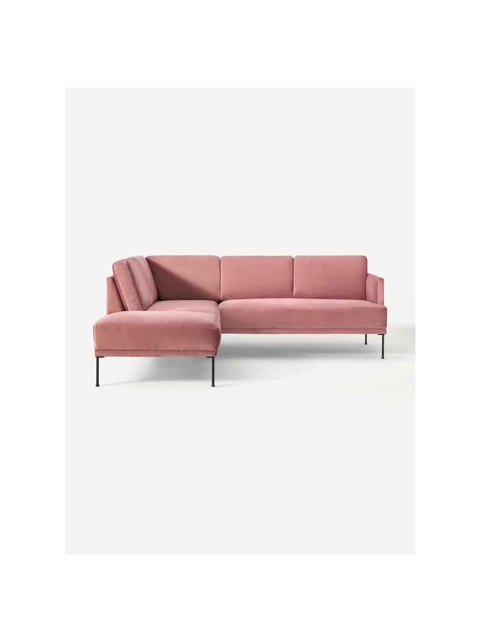 Divano angolare in velluto Fluente, Rivestimento: velluto (copertura in pol, Struttura: legno di pino massiccio, Piedini: metallo verniciato a polv, Velluto rosa antico, Larg. 221 x Prof. 200 cm, chaise longue a destra