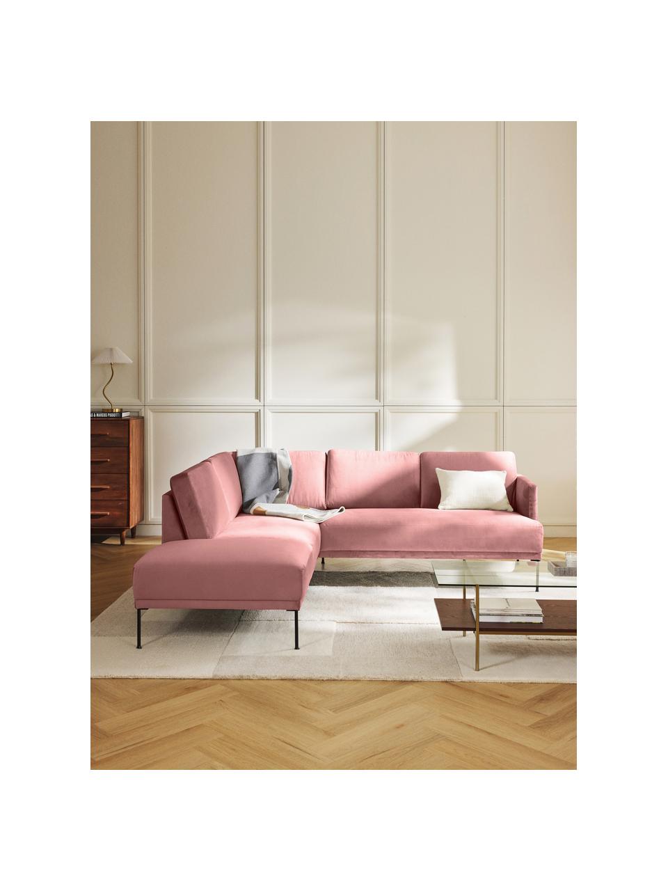 Sofá rinconera de terciopelo Fluente, Tapizado: terciopelo (poliéster de , Estructura: madera de pino maciza, Patas: metal con pintura en polv, Terciopelo rosa palo, An 221 x F 200 cm, chaise longue izquierda