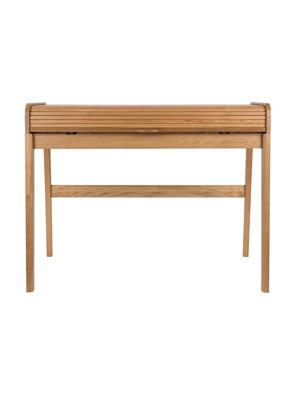 Dřevěný psací stůl Barbier, Deska stolu: hnědá Posuvné dveře a nohy: jasanové dřevo, Š 110 cm, V 85 cm