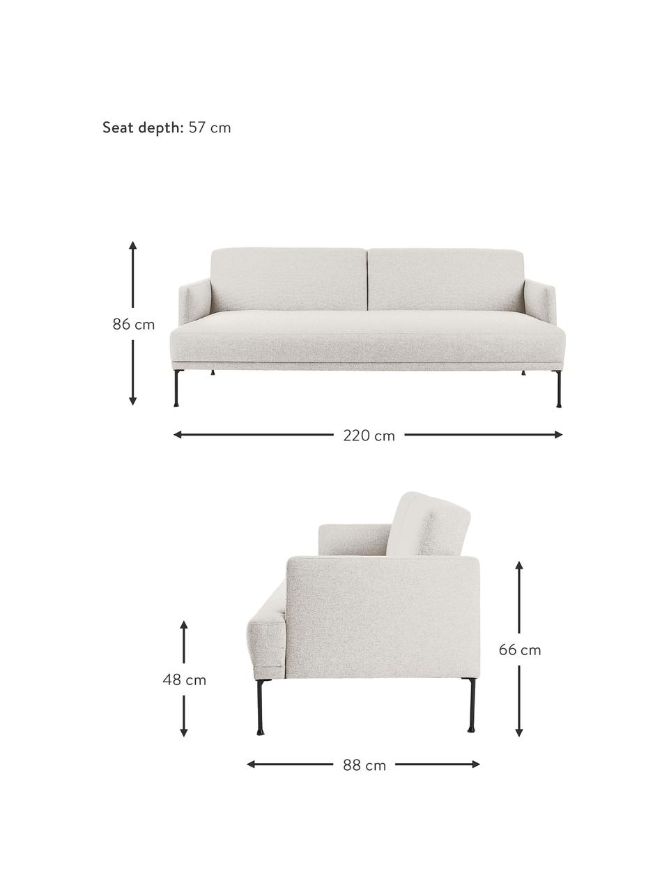 Rozkládací pohovka s kovovými nohami Fluente (3místná), Béžová, Š 220 cm, V 86 cm