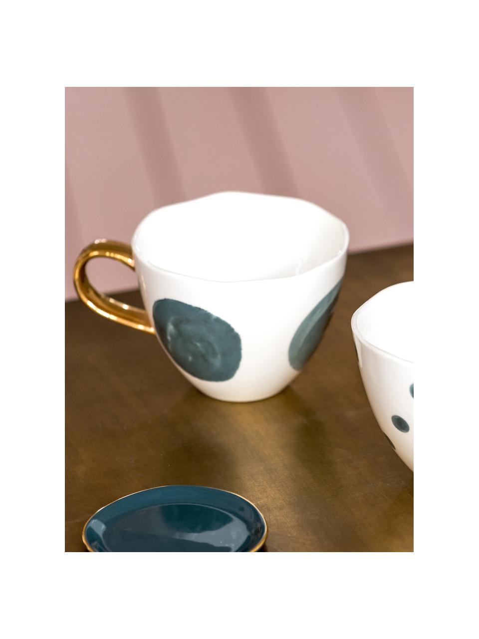 Tasse en porcelaine avec poignée dorée Good Morning, Grès cérame, Blanc, bleu, Ø 11 x haut. 8 cm, 350 ml