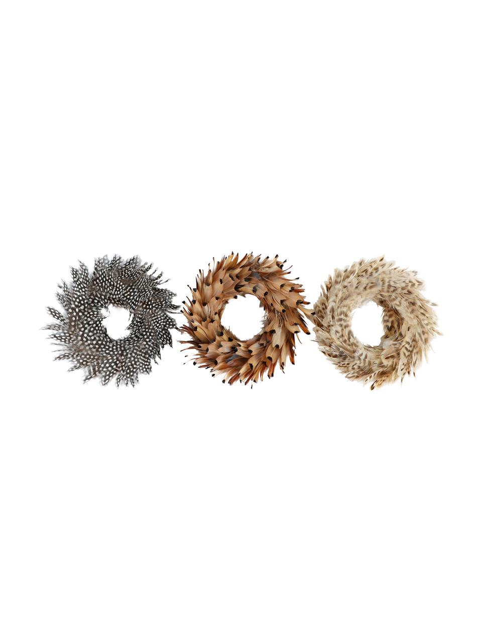 Deko-Federkränze-Set Natural Ø 15 cm, 3-tlg., Dekor: Echte Federn, Brauntöne, Grautöne, Ø 15 x H 4 cm