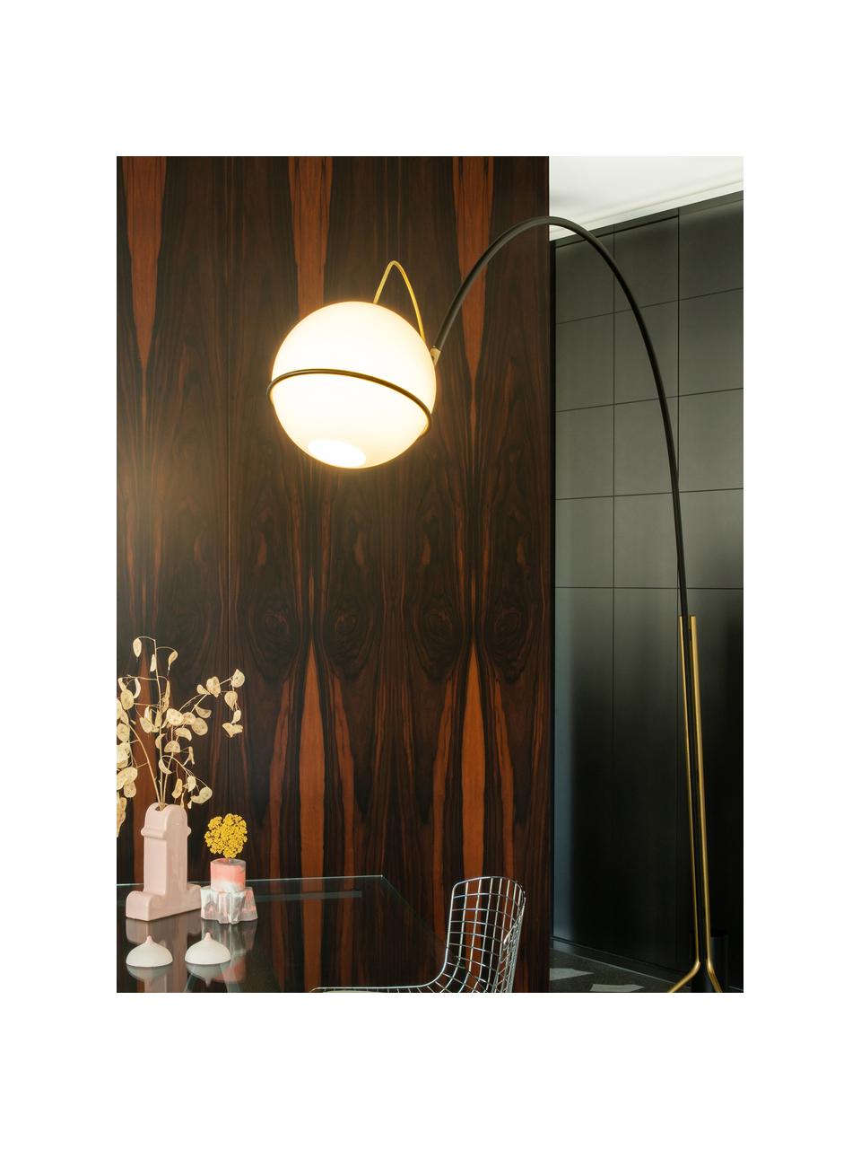 Grand lampadaire arc LED artisanal Alicanto, Noir, doré, larg. 258 x haut. 230 cm