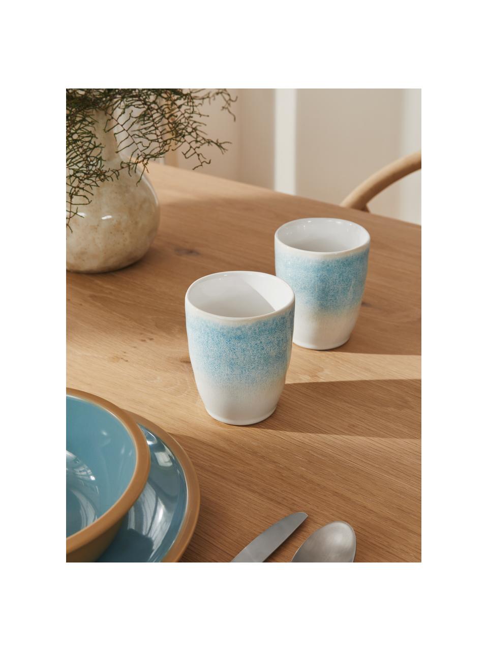 Tazza senza manico fatta a mano con smalto efficace Amalia 2 pz, Porcellana, Azzurro, bianco crema, Ø 10 x Alt. 11 cm, 430 ml