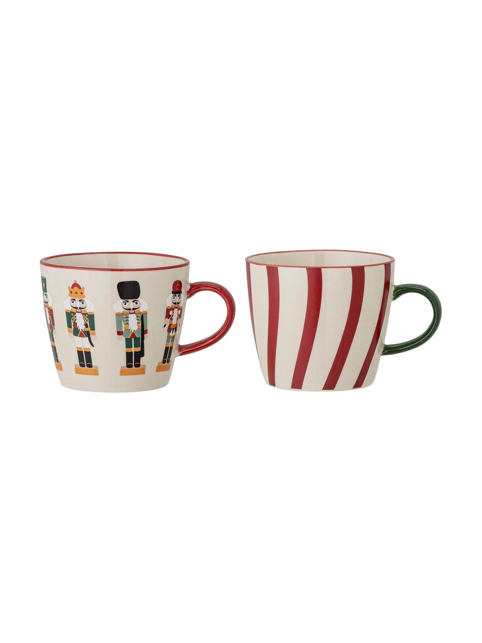 Tassen Jolly mit Nussknacker-Motiven, 2 Stück, Steingut, Rot, Weiß, Ø 9 x H 8 cm