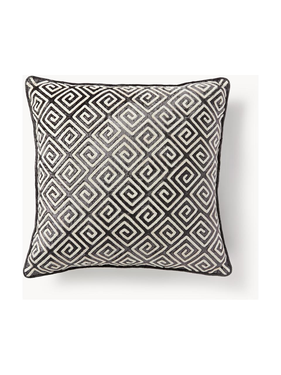 Housse de coussin 60x60 en velours avec broderie en chenille Solenne, Anthracite, beige clair, larg. 60 x long. 60 cm