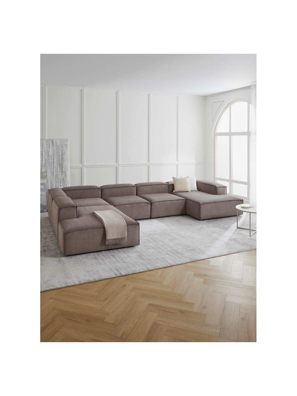 Sofá rinconera modular de pana Lennon, Tapizado: pana (92% poliéster, 8% p, Estructura: madera de pino maciza, ma, Patas: plástico, Pana marrón, An 418 x Al 68 cm, chaise longue izquierda