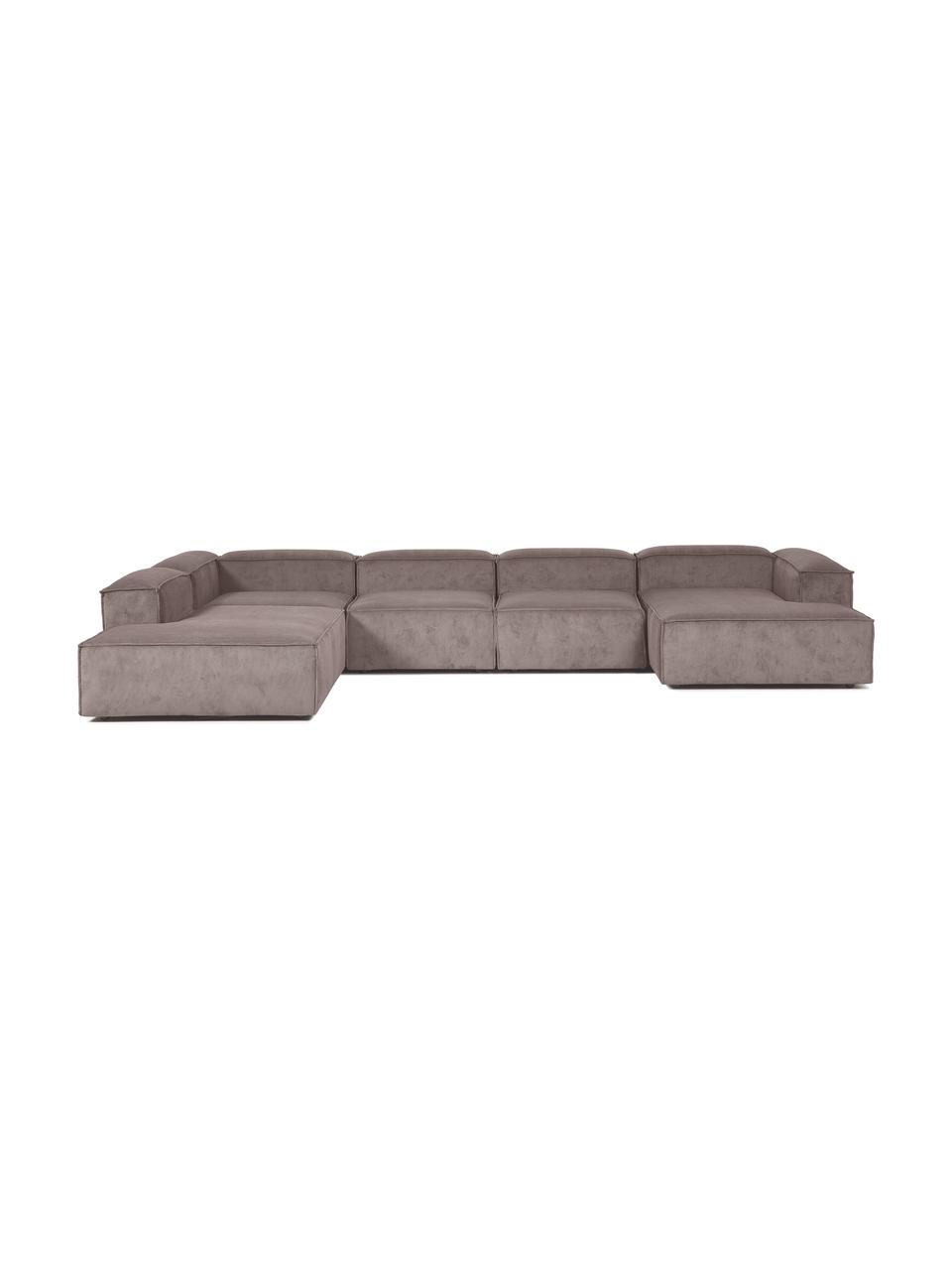 Divano angolare componibile in velluto a coste Lennon, Rivestimento: velluto a coste (92% poli, Struttura: legno di pino massiccio, , Piedini: plastica, Velluto a coste marrone, Larg. 418 x Alt. 68 cm, angolo a sinistra