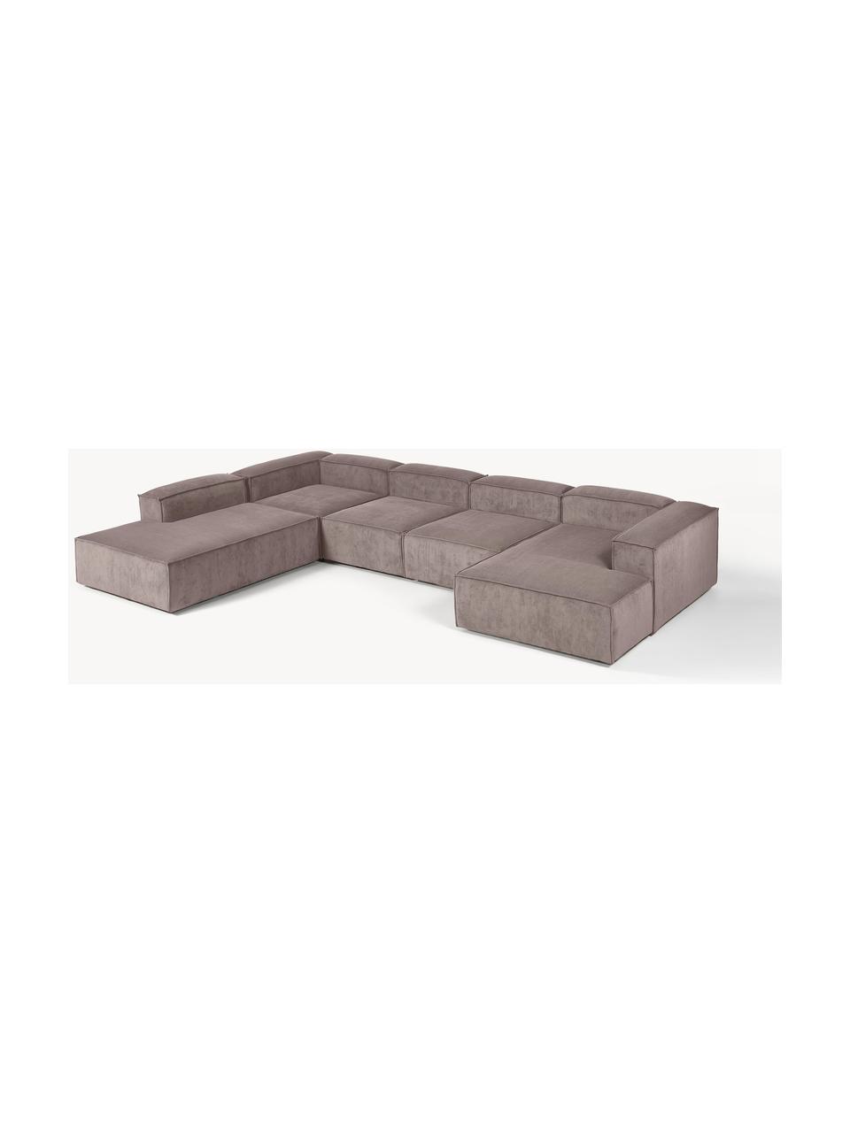 Sofa modułowa ze sztruksu Lennon, Tapicerka: sztruks (92% poliester, 8, Stelaż: lite drewno, sklejka, Nogi: tworzywo sztuczne, Taupe sztruks, S 418 x G 269 cm,  lewostronna