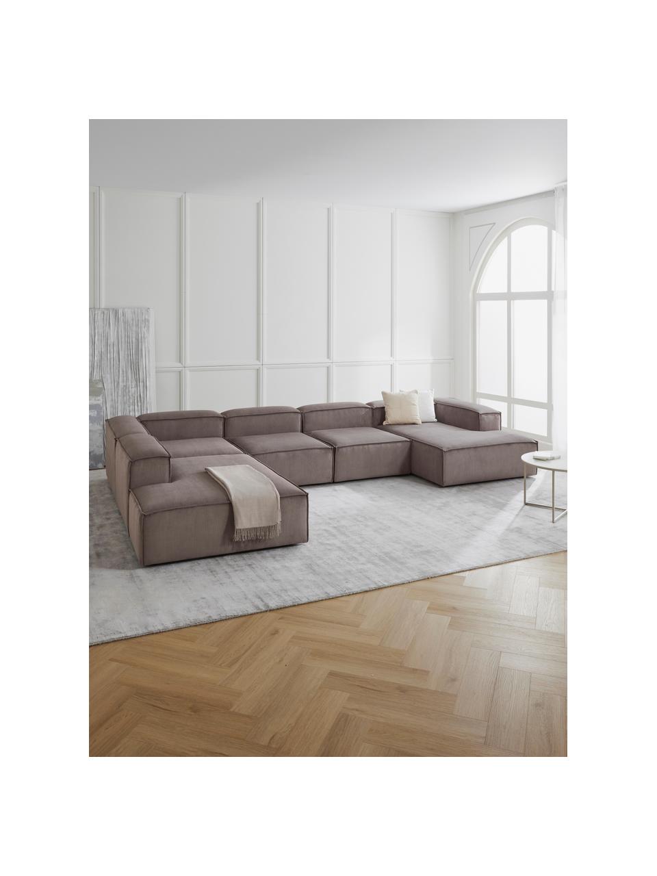 Modulaire woonlandschap Lennon van corduroy, Bekleding: corduroy (92% polyester, , Frame: massief grenenhout, multi, Poten: kunststof Dit product is , Corduroy taupe, B 418 x D 269 cm, hoekdeel links