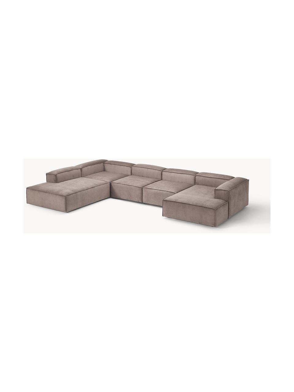 Sofa modułowa ze sztruksu Lennon, Tapicerka: sztruks (92% poliester, 8, Stelaż: lite drewno sosnowe, skle, Nogi: tworzywo sztuczne Ten pro, Taupe sztruks, S 418 x G 269 cm,  lewostronna