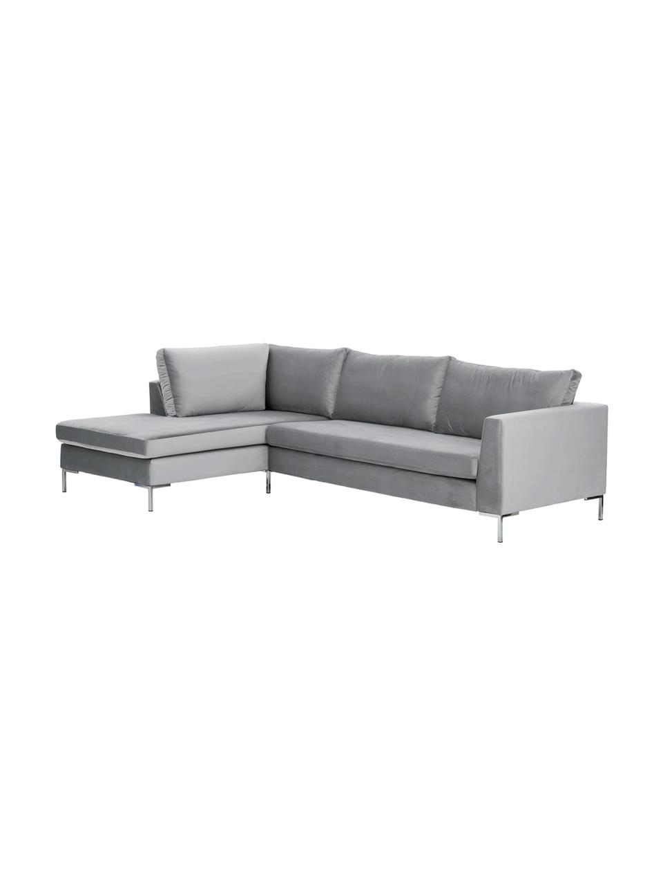 Sofa narożna z aksamitu Luna, Tapicerka: aksamit (100% poliester) , Stelaż: lite drewno bukowe, Nogi: metal galwanizowany, Aksamit jasny szary, srebrny, S 280 x G 184 cm