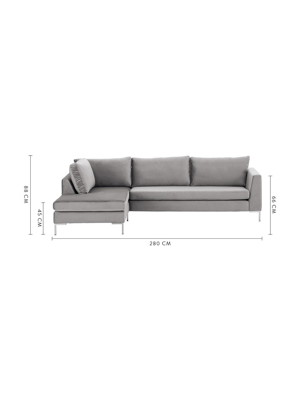 Sofa narożna z aksamitu Luna, Tapicerka: aksamit (100% poliester) , Stelaż: lite drewno bukowe, Nogi: metal galwanizowany, Aksamit jasny szary, srebrny, S 280 x G 184 cm