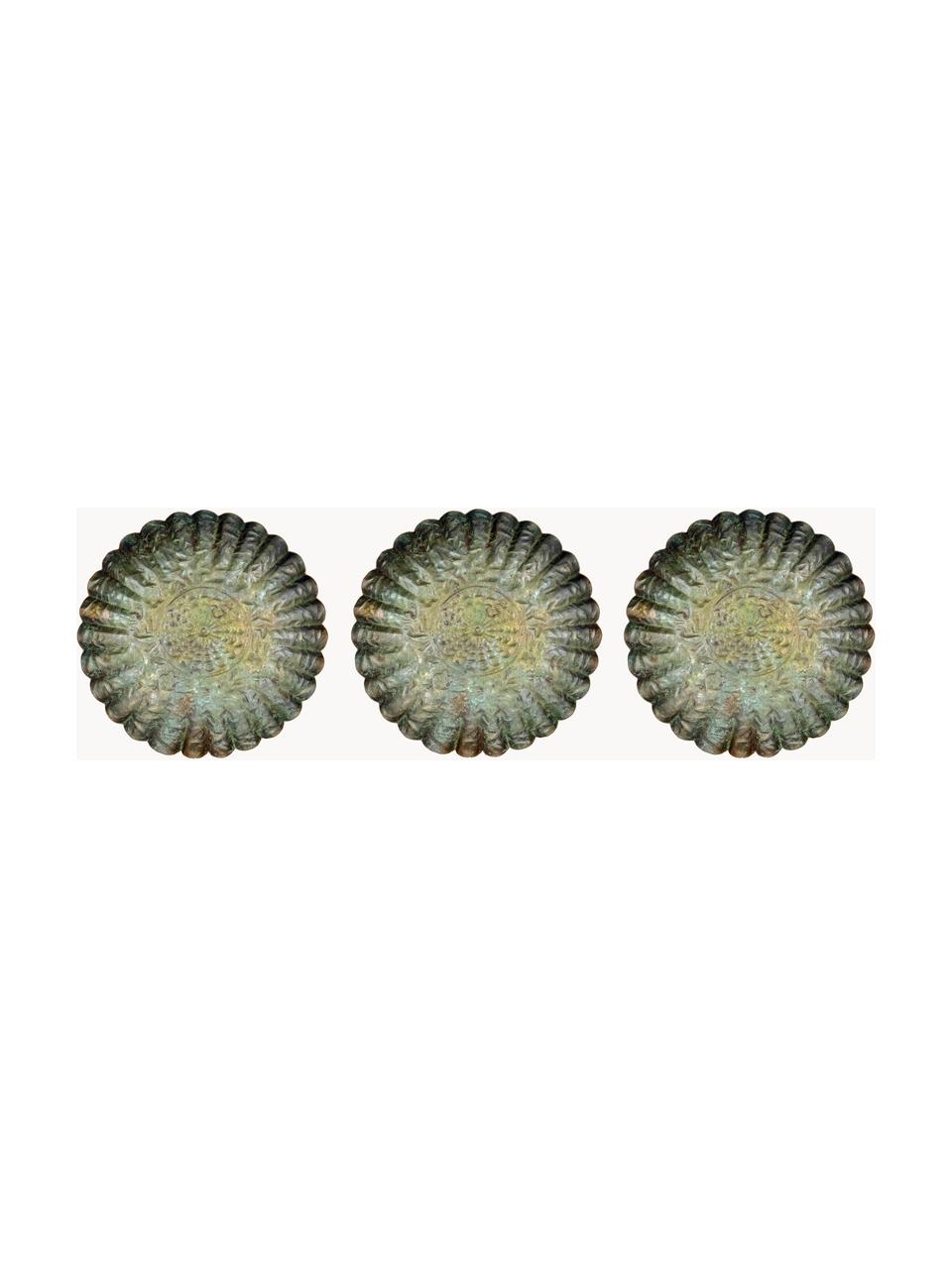 Plateaux décoratifs artisanaux Milla, 3 pièces, Fer, enduit, Vert olive avec finition antiquaire, Ø 14 cm