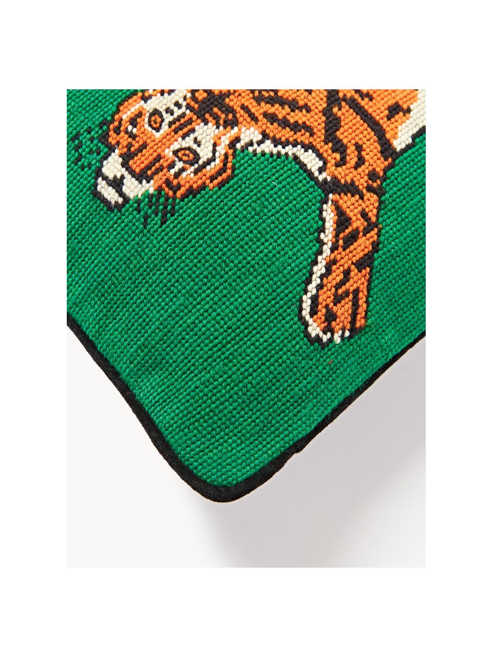 Ręcznie wykonana poduszka dekoracyjna z wełny Tiger, Zielony, pomarańczowy, S 30 x D 50 cm