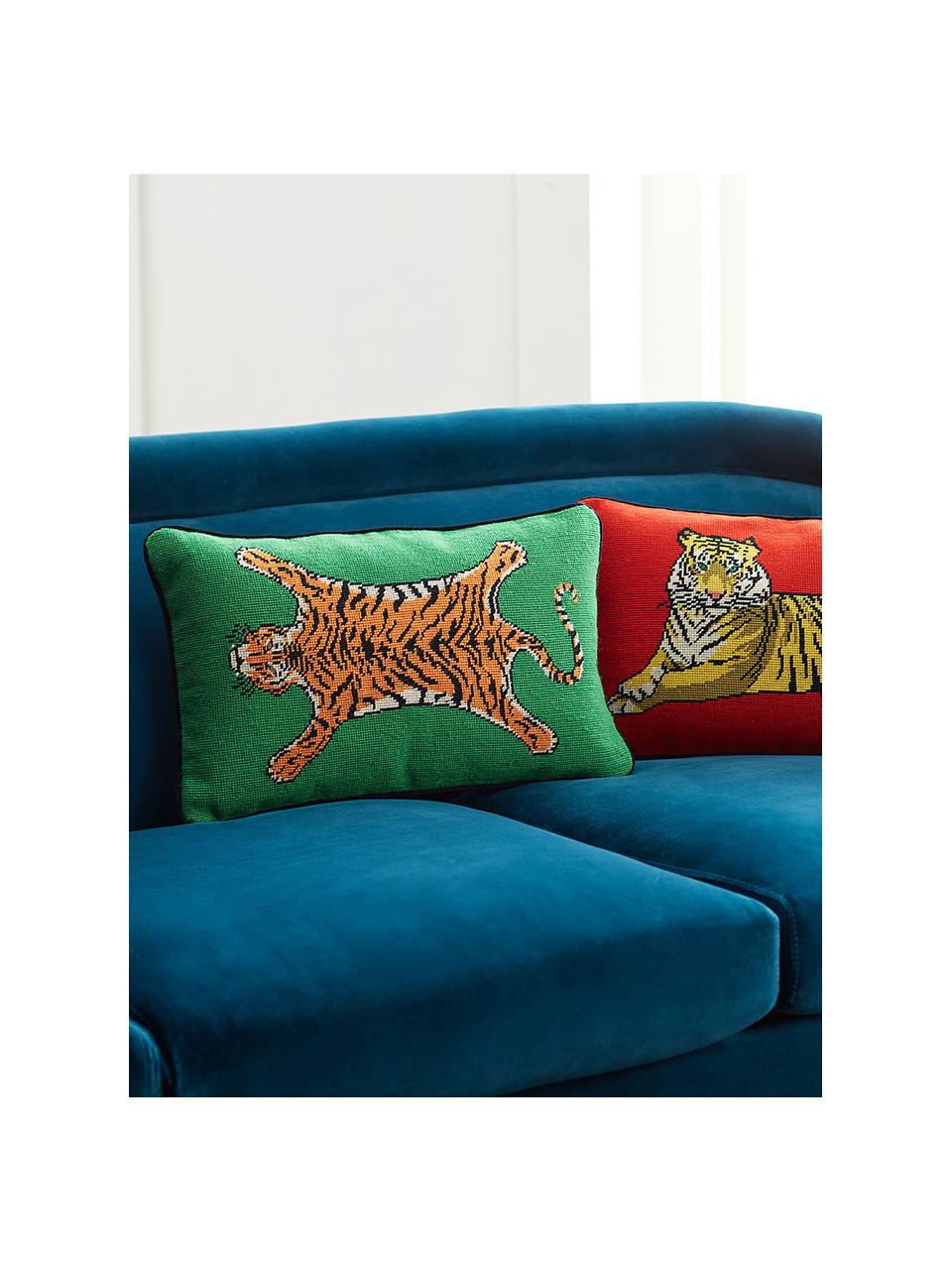 Handgemaakte wollendecoratief kussen Tiger, Groen, oranje, B 30 x L 50 cm