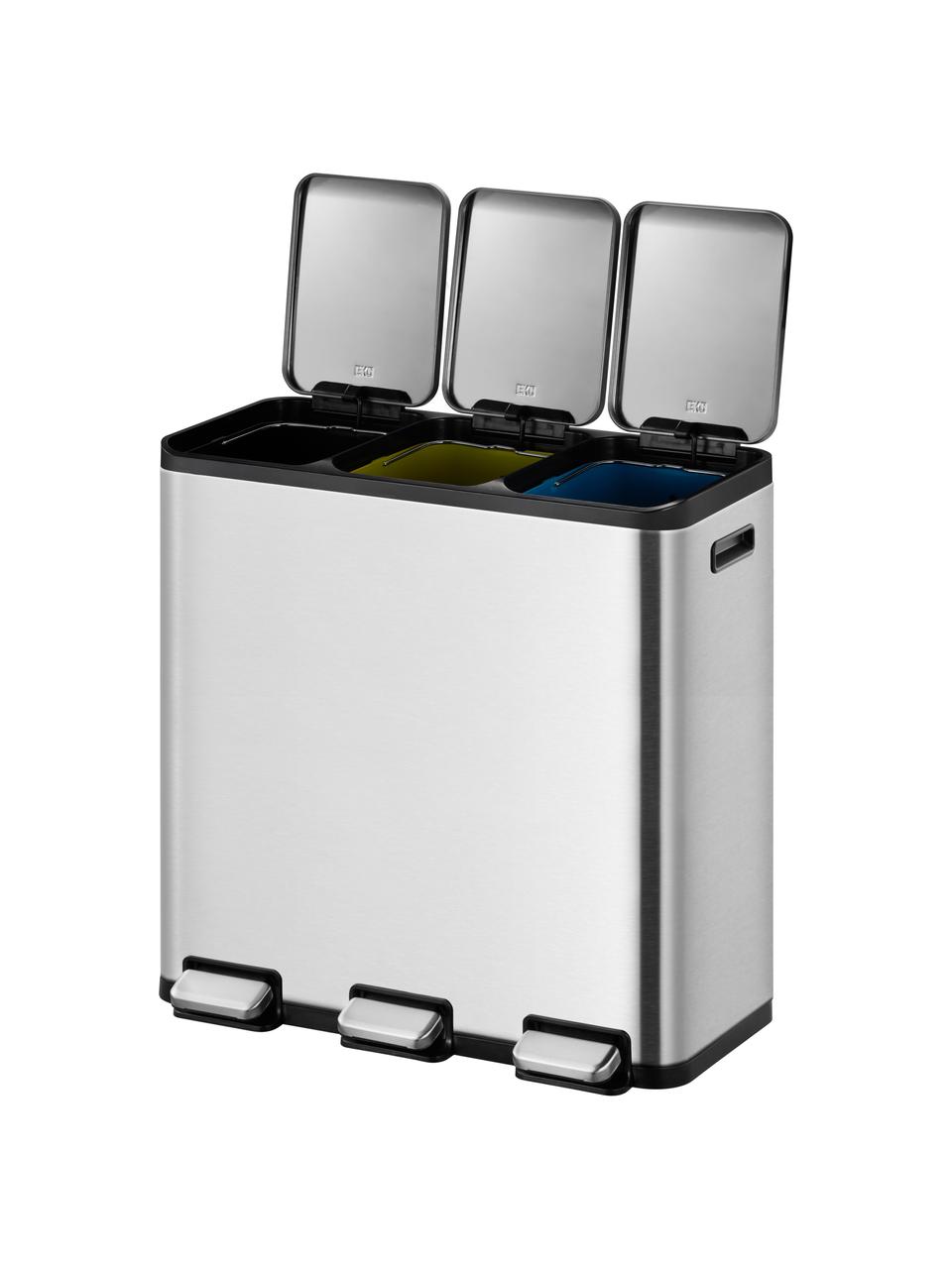Abfalleimer EcoCasa mit Pedal-Funktion, 3 x 15 L, Behälter: Edelstahl, gebürstet, Silberfarben, B 61 x H 51 cm, 3 x 15 L