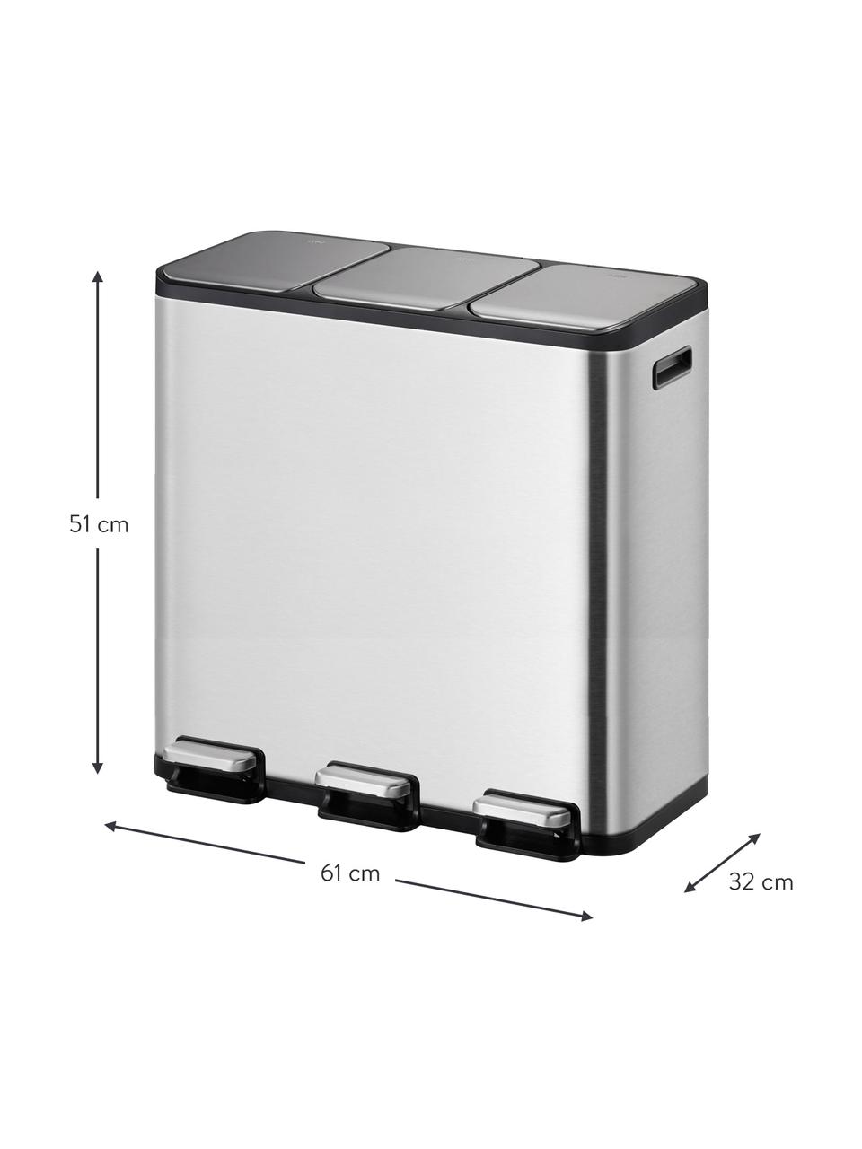 Afvalemmer EcoCasa met pedaalfunctie, 3x 15 L, Houder: roestvrijstaal, geborstel, Zilverkleurig, B 61 x H 51 cm, 3 x 15 L