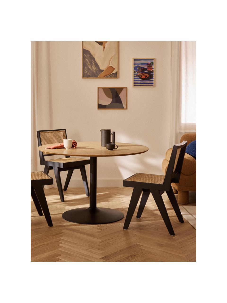 Okrągły stół do jadalni Menorca, Ø 100 cm, Blat: fornir z drewna jesionowe, Noga: metal malowany proszkowo, Drewno jesionowe, czarny, Ø 100 cm