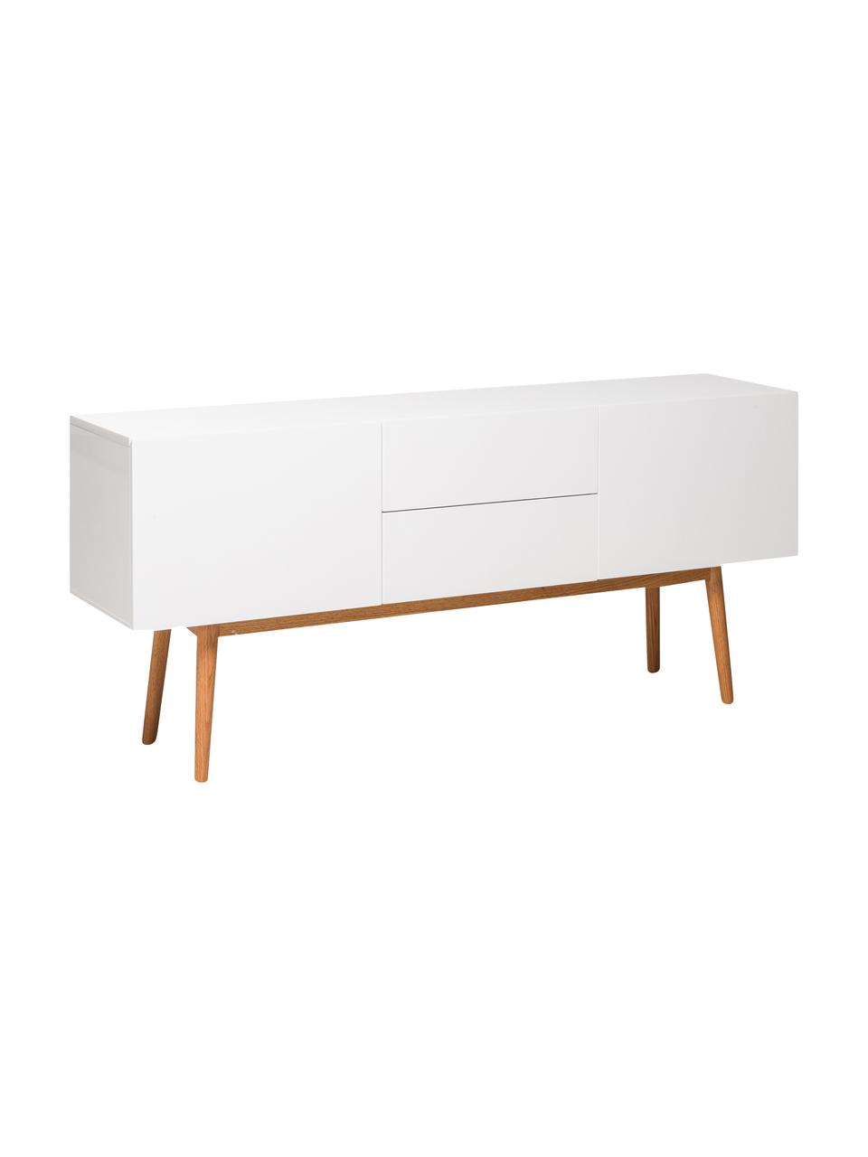 Dressoir High on Wood in wit hoogglans, Frame: PU gelakt MDF, Poten: massief eikenhout, Wit, 160 x 72 cm