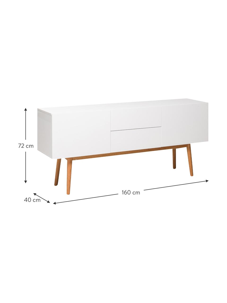 Dressoir High on Wood in wit hoogglans, Frame: PU gelakt MDF, Poten: massief eikenhout, Wit, 160 x 72 cm