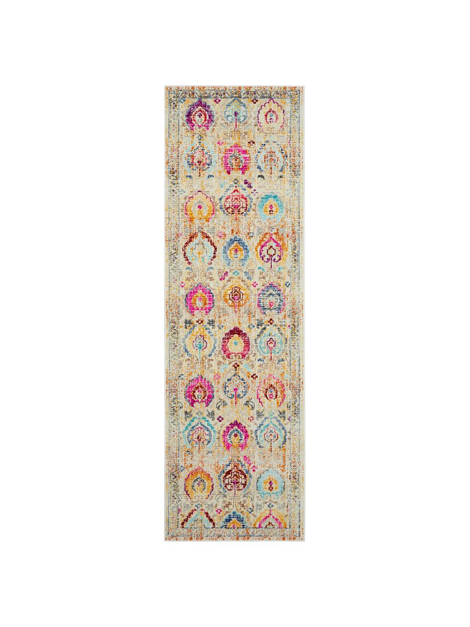 Chodnik z krótkim włosiem w stylu vintage Kashan, Jasny beżowy, wielobarwny, S 71 x D 230 cm