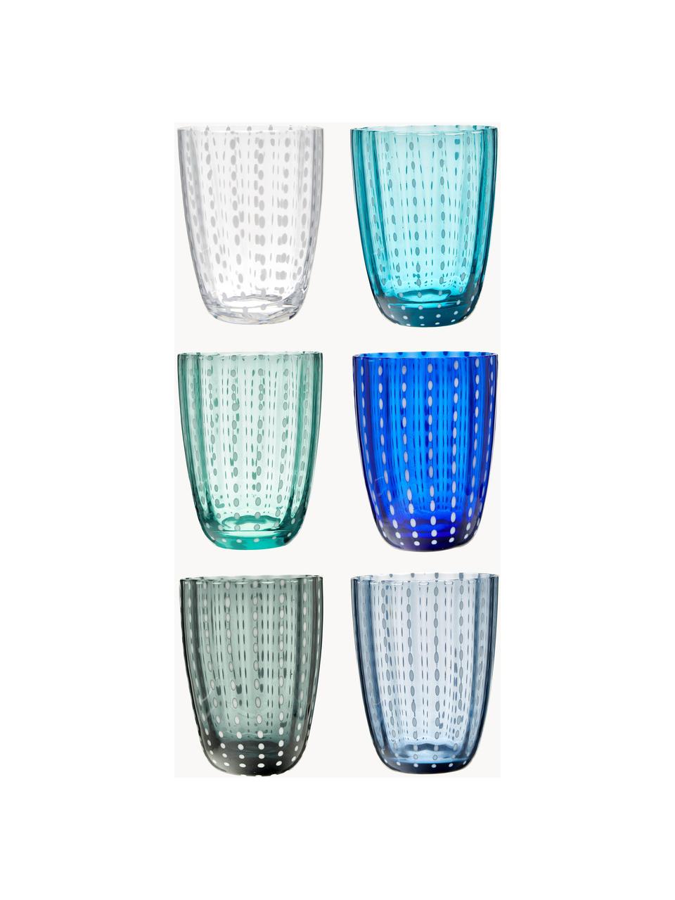 Vasos de colores Kalahari, 6 uds., Vidrio, Tonos azules y turquesas transparente, Ø 9 x Al 11 cm, 300 ml