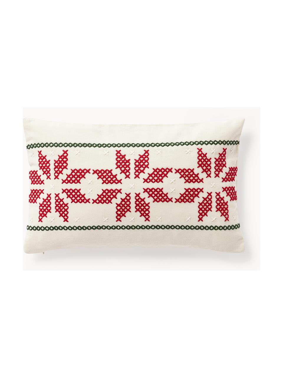 Bestickte Kissenhülle Rebeca mit weihnachtlichem Muster, 100 % Baumwolle, Off White, Rot, Grün, B 30 x L 50 cm