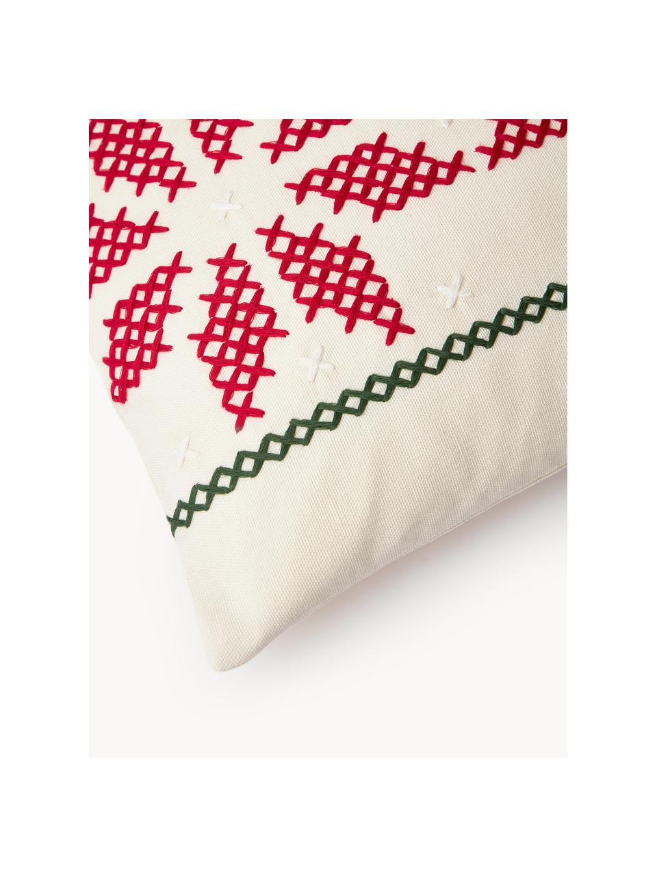 Bestickte Kissenhülle Rebeca mit weihnachtlichem Muster, 100 % Baumwolle, Off White, Rot, Grün, B 30 x L 50 cm