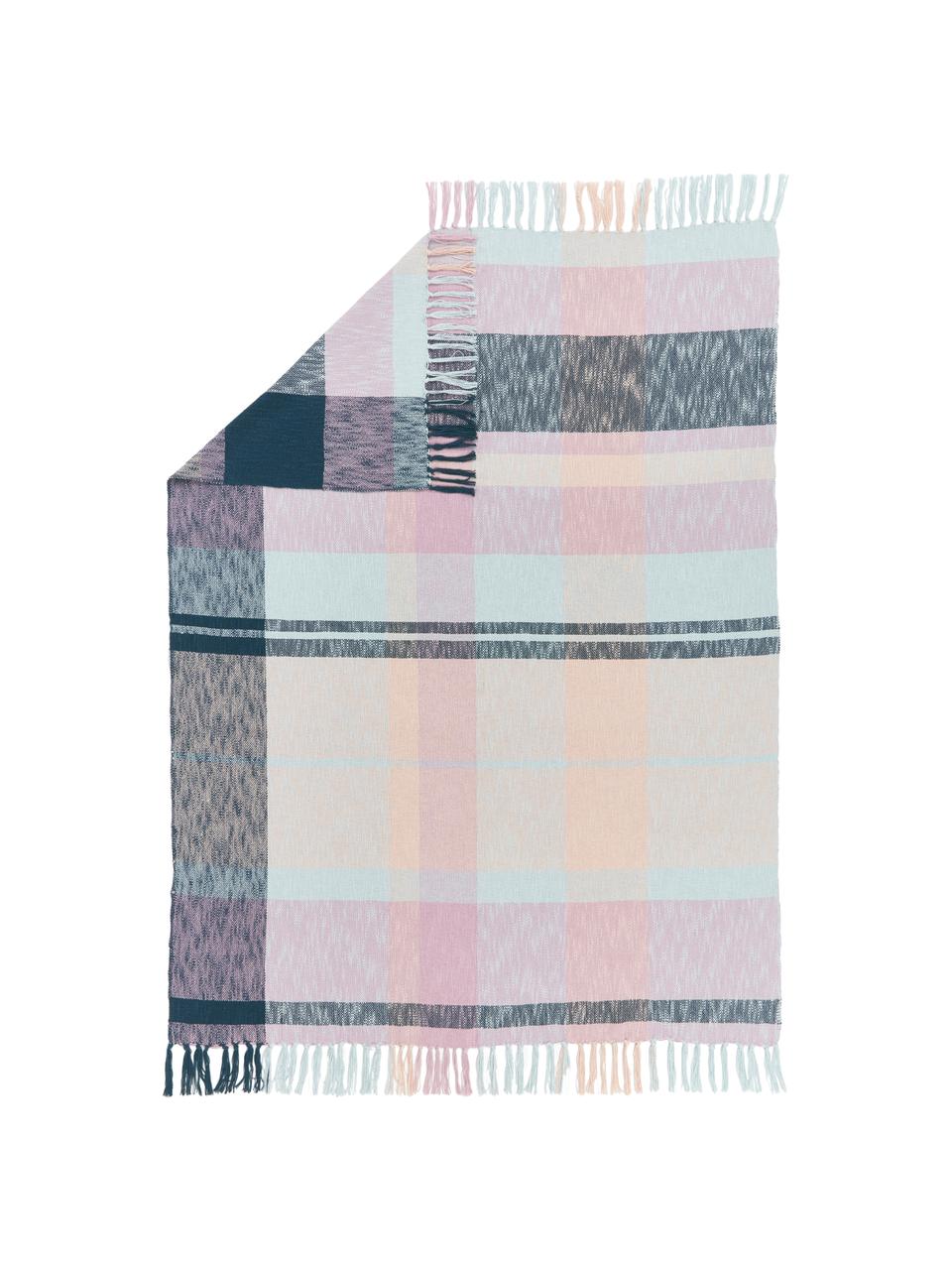 Geruite katoenen plaid Karen met franjes in pasteltinten, 100% katoen, Blauw, B 130 x L 170 cm