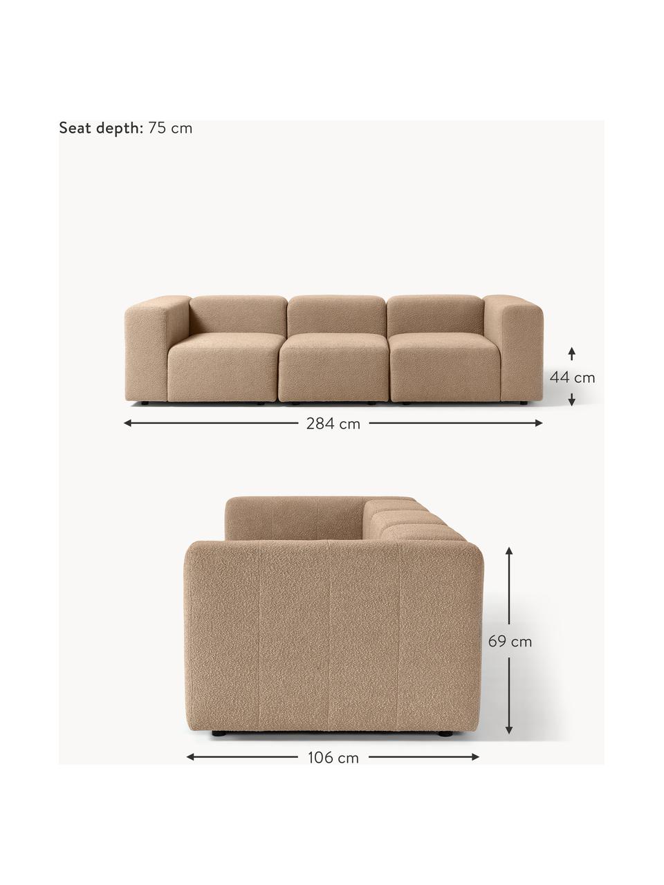 Modulaire bouclé bank Lena (4-zits), Bekleding: bouclé (93% polyester, 6%, Frame: grenenhout, multiplex, ha, Poten: kunststof, Bouclé lichtbruin, B 284 x D 106 cm