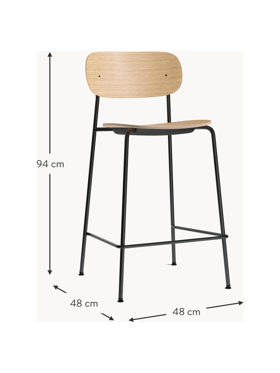 Barstuhl Co aus Metall und Holz, Gestell: Stahl, pulverbeschichtet, Helles Eichenholz, Schwarz, B 48 x H 94 cm